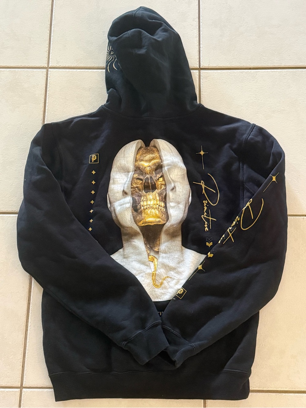PRIMITIVE Black Graphic Hoodie with Gold Skull Design Mens Size Large